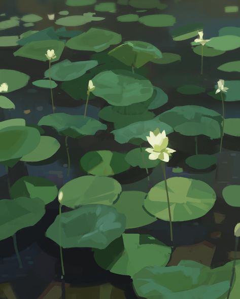 Digital Water Painting, Green Water Aesthetic, Water Texture Drawing, Water Lily Aesthetic, Plant Aesthetic Wallpaper, Lily Pad Drawing, Water Lily Drawing, Lilies Drawing, Water Texture