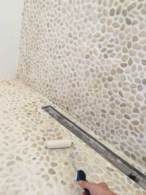 River Rock Bathroom, Stone Shower Floor, Pebble Tile Shower, Diy Barn Door Plans, Pebble Shower Floor, Rock Shower, Glass Shower Wall, Pebble Mosaic Tile, Jenna Sue Design