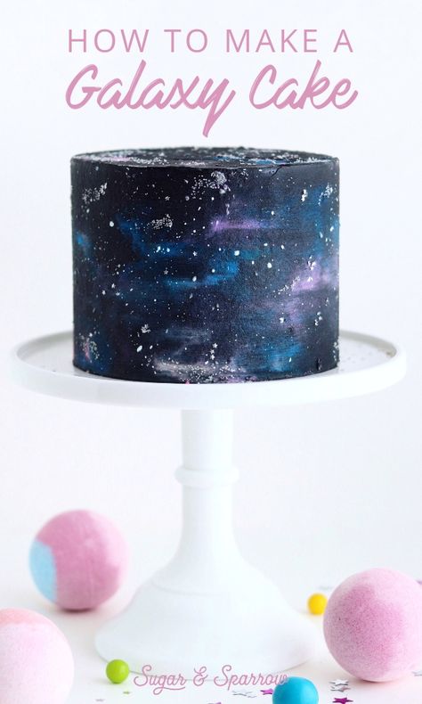 Learn how to make a galaxy cake with the perfect buttercream colors and edible glitter star clusters. Made in partnership with JOANN | Sugar & Sparrow | #galaxycake #spacecake #starwarscake #buttercreamgalaxycake #nasacake #joann #sugarandsparrow #cakedecorating #cakeideas #galaxy #cakedesign #cakedecoratingtutorials Black Buttercream, Planet Cake, Galaxy Cake, Star Clusters, Star Sprinkles, Star Wars Cake, Fairy Cake, Outer Space Birthday, Space Birthday Party