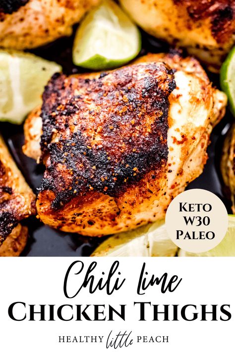 These Chili Lime chicken thighs are rubbed in lemon juice and covered with Tajin seasoning. Cooked in a cast iron skillet and finished in the oven for that gives the skin a nice crispy crunch. Keto, Whole30, and Paleo. Chicken With Tajin Seasoning, Whole 30 Chicken Thighs, Lime Chicken Thighs, Tajin Seasoning, Tajin Recipes, Clean Dinner, Oven Meals, Paleo Chili, Chili Lime Chicken