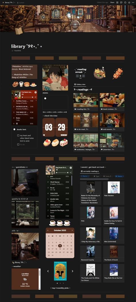 first attempt on making a notion page 🤠 the quicklinks are not yet final ; TEMPLATE: https://ko-fi.com/s/95803ba5b4 #notion #library #template #notiondesign #productivity #darkacademia #cloudji Notion Library Template, Personal Notion, Notion Library, Inspiration Aesthetic, Notes Inspiration, Notion Template, Aesthetic Template, School Study Tips, Study Motivation Inspiration