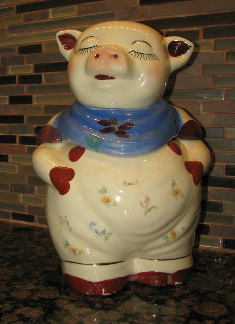 rare cookie jars | SHAWNEE SMILEY PIG COOKIE JAR w/RARE DECORATED BLUE SCARF/BANDANA ... Pig Cookie, Antique Cookie Jar, Gold Cookies, Antique Cookie Jars, Pig Cookies, Collectible Cookie Jars, Jars For Sale, Shawnee Pottery, Blue Bandana