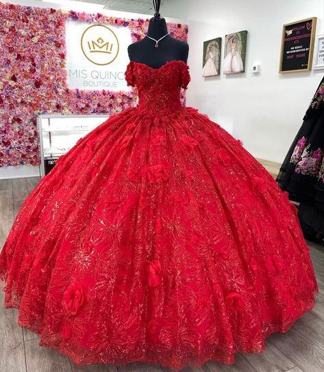 Red quinceañera dress Red 15 Dresses Quinceanera, Halloween Quinceanera, Red Sweet 16 Dresses, Red Quince Dress, Surprise Dance Outfits, Red Quinceanera Ideas, Red Quinceanera Dress, Quinceanera Dresses Red, Black Quinceanera Dresses