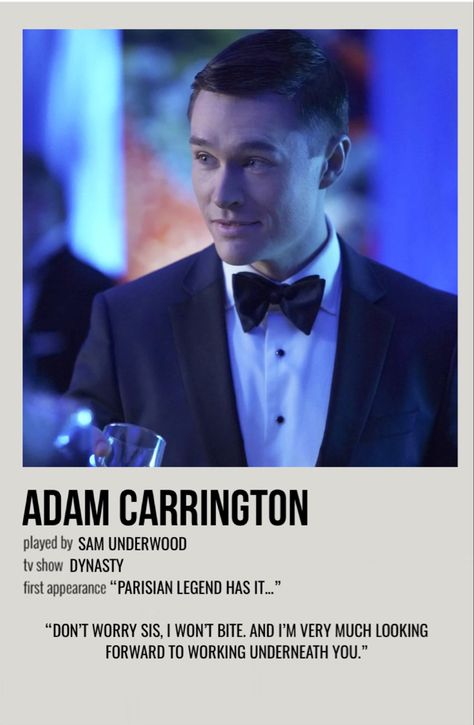 minimal polaroid character poster for adam carrington from dynasty Adam Carrington Dynasty, Adam Carrington, Fallon Dynasty, Dynasty Fallon, Dynasty Characters, Carrington Dynasty, Denver Clan, Minimal Posters, Queen Liz