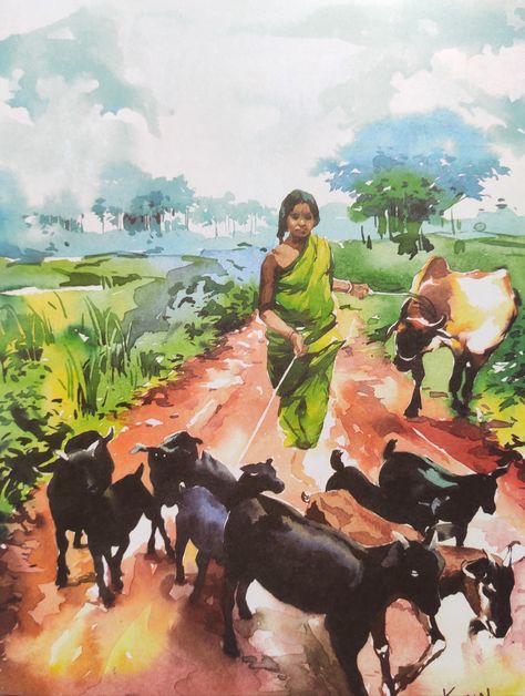 Farmer Watercolor Paintings, Indian Farmer Painting, Animal Landscape Painting, Watercolour Composition Painting, Village Painting Indian Landscape, Indian Village Art Paintings, Memory Drawing Watercolor Painting, Indian Landscape Paintings, Indian Village Landscape