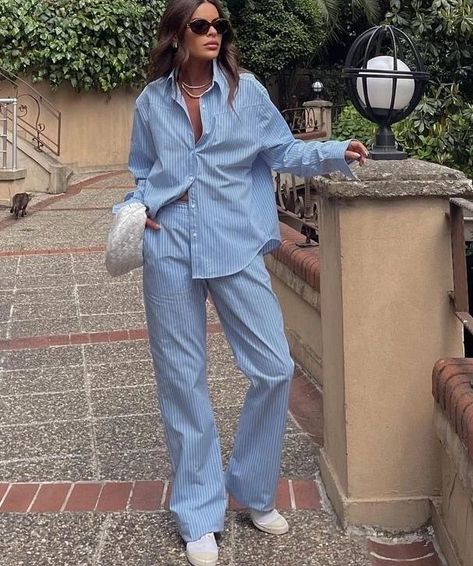 Florence M. Fashion Consultant | Lazy Sunday.💥💙 . . . #pajamas #pyjamas #styled #stylinginspo #stylingideas #stylinginspiration #styledaily #styledujour #lookdujour… | Instagram Pyjama Outfit, Women Pant Suit, Sleepy Jones, Italian Summer Outfits, Striped Pant, European Summer Outfits, Suit Blue, Vacay Outfits, Shirt Pant Set