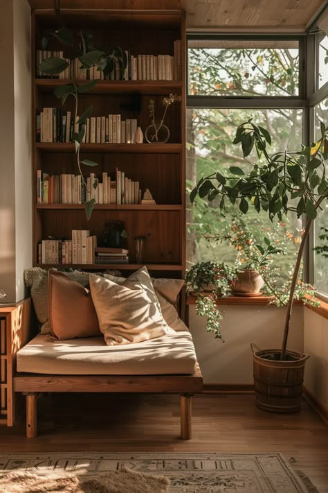 Wabi Sabi Home Decor: Soulful Simplicity - Quiet Minimal Quiet Joy At Home, Bohomeian Home Decor, Quiet Room Ideas, Wabi Sabi Plants, Soulful Simplicity, Wooden Room Decor, Wooden House Interior, Reading Room Design, Natural Minimalism