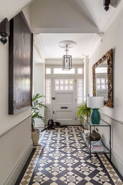 9 Pretty Passage Decor Ideas • One Brick At A Time Hallway Mosaic Floor Tiles, Victorian Hallway Tiles Entrance Halls, Mosaic Hallway Floor, Tiled Entryway Floor, Mosaic Hallway, Georgian Hallway, Hallway Flooring Ideas, Hallway Tiles, Hallway Tiles Floor