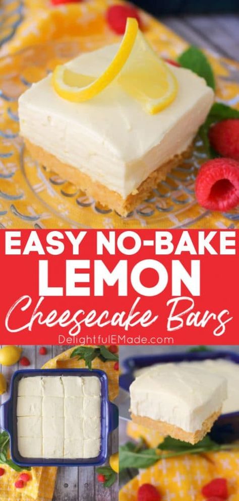 Easy No-Bake Lemon Cheesecake Bars | If you love an amazing lemon dessert, then these No-Bake Lemon Cheesecake Bars will be your new favorite! Made with a lemon OREO crust, and a creamy, no-bake cheesecake filling, these easy no-bake cheesecake bars will be your new go-to dessert for summer! A great refreshingly sweet and tart dessert that is perfect to be enjoyed by the pool or while on vacation! || Delightful E Made No Bake Lemon Cheesecake Bars 12 Tomatoes, No Bake Lemon Bars Easy, No Bake Cheesecake Bars 9x13, No Bake Lemon Cheesecake Bars, Lemon Oreo, No Bake Cheesecake Filling, No Bake Lemon, Lemon Cheesecake Recipes, No Bake Lemon Cheesecake