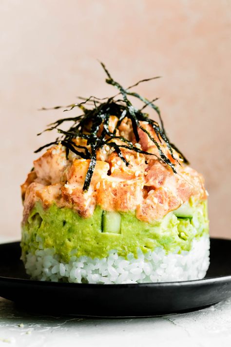 Sushi Meals, Seasoned Avocado, Sushi Bake Cups, Sushi Stacks Recipe, Sushi Stack, Sushi Stacks, Spicy Tuna Sushi, Tuna Cucumber, Sushi Rice Recipes