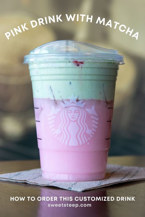 A Starbucks Pink Drink topped with matcha cream cold foam. Pink Drink With Matcha, Matcha Cold Foam, Pink Drink Starbucks, Minuman Starbucks, Starbucks Chocolate, Starbucks Pink Drink, Sweet Matcha, Strawberry Acai Refresher, Starbucks Matcha