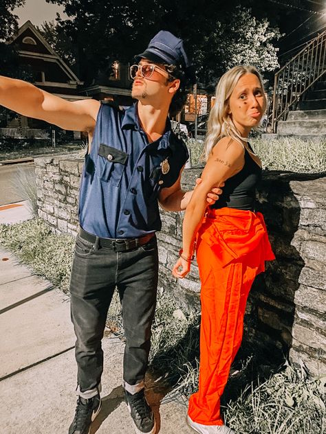 Couple Halloween Costume Cop And Prisoner, Prisoners Couples Costume, Couples Prisoner Costume, Inmate And Cop Couple Costume, Cop Prisoner Costume Couple, College Halloween Costume Ideas Men, College Couples Halloween Costumes, Cute Couple Halloween Costumes College, Prisoner Couple Costume