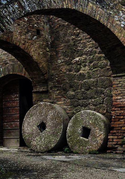 Mill Stone, Italian Proverbs, Oak Framed Buildings, Olive Press, Olive Grove, Olive Trees, Water Wheel, Old Stone, Brick And Stone