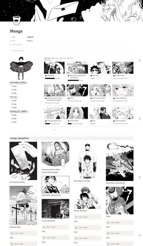 Manga Notion Template Includes: - Aesthetic Dashboard (To-Do List, Spotify Playlist, Widgets, Calendar, Navigation) - Personal Space (Goal Tracker) - Inspo Board (Image Gallery) - Media Libraries (Anime, Manga, Fanfiction) - Journal - Academics (Courses, To-Do List, Notes) - Habit Tracker - Calendar for Upcoming Events & Important Dates - Free Space Notion Dashboard Ideas Aesthetic Anime, Manga Tracker Notion, Academic Calendar Design, Manga Tracker, Widgets Calendar, Notion Widget, Aesthetic Dashboard, Notion Calendar, Notion Inspo