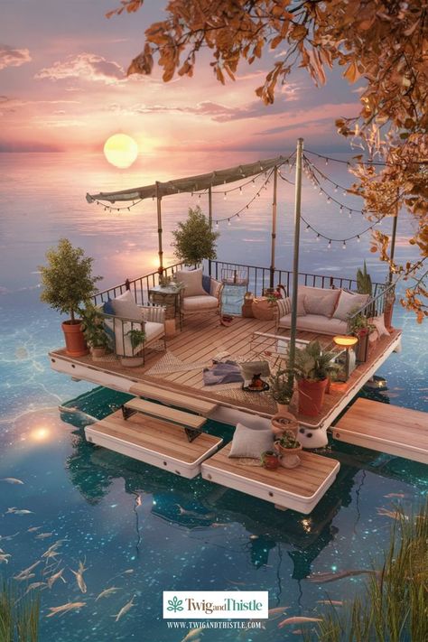 Discover stylish floating dock boat designs that blend functionality with aesthetics. Ideal for enhancing your waterfront property. #DockBoatDesign #WaterfrontLiving #DIYProjects #BoatInspiration #StylishDock Lake House Boat Dock Ideas, Lake Docks Designs, Floating Boat Docks, Floating Boat, Lake Dock, Dream Life House, Genius Loci, Floating Dock, Floating House