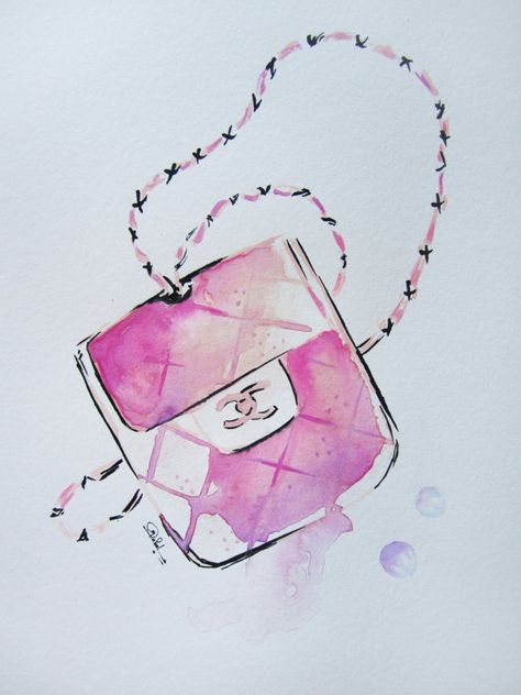 Pink Chanel Bag by KomaArt on Etsy, $30.00 Etsy.com/ca/shop/komaart Chanel Bag Illustration, Bag Fashion Illustration, Pink Chanel Bag, Chanel Art Print, Watercolor Fashion Illustration, Chicos Fashion, Chanel Art, Bag Illustration, Fashion Illustration Watercolor