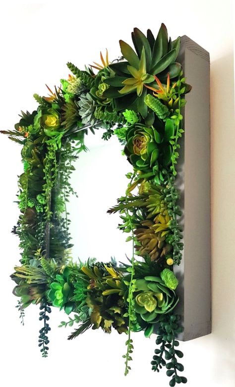 https://www.etsy.com/uk/shop/FramedRealityDesigns Succulent Mirror Frame, Plant Mirror Frame, Succulent Mirror, Plant Mirror, Mirror Garden, Wall Gardens, Fairy Stuff, Living Wall Art, Artificial Plant Wall