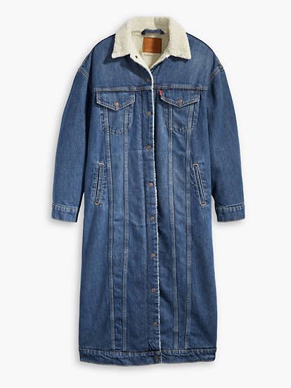 Extra Long Sherpa Trucker Jacket - Medium Wash | Levi's® US Sherpa Lined Denim Jacket Outfit, Long Denim Jacket Outfit, Jean Levis, Sherpa Trucker Jacket, Long Denim Jacket, Sherpa Lined Denim Jacket, Denim Jacket Outfit, Polo Shirt Design, Sherpa Coat