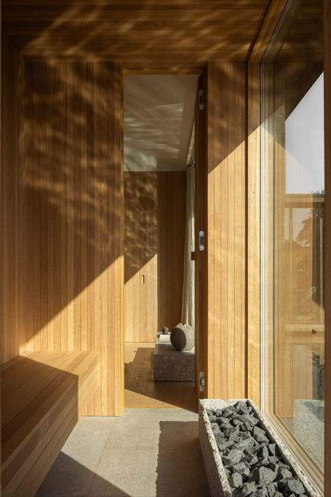 Each villa also has a sauna. Japanese Temples, Oak Cladding, 2023 Picture, Traditional Japanese Architecture, Resort Living, Japanese Temple, Wooden Shutters, Norm Architects, Traditional Building