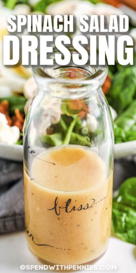 This easy recipe for Spinach Salad Dressing goes perfectly with crisp spinach leaves and bacon. Tangy, sweet, and delicious, spinach never looked so good! #spendwithpennies #spinachsaladdressing #recipe #saladdressing #best #mustard #vinegar #tangy #vinaigrette #easy Spinach Salad Dressing Recipe, Over Roasted Potatoes, Spinach Salad Dressing, How To Make Spinach, Spinach Salad Recipes, Salad Dressing Recipes Homemade, Spend With Pennies, Homemade Salads, Homemade Dressing