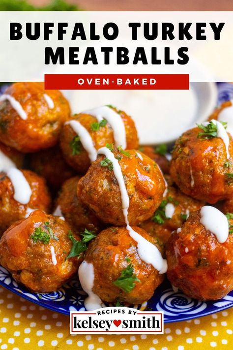 Small meatballs coated in buffalo sauce and drizzled with ranch Buffalo Chicken Meatballs Crockpot Frozen, Turkey Meatballs Oven, Turkey Meatball Recipes, Buffalo Turkey Meatballs Healthy, Bison Meatballs Baked, Paleo Buffalo Chicken Meatballs, Buffalo Turkey Meatballs, Buffalo Meatballs, Buffalo Chicken Meatballs Food Network