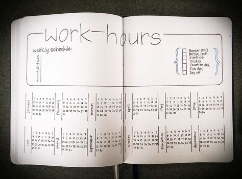 Work schedule / hours tracker bullet journal by Karen Fritsche Bujo Work Schedule, Bullet Journal Work Schedule, Work Schedule Bullet Journal, Work Hours Tracker, Bullet Journal Spending Tracker, Work Tracker, Dot Journaling, Hours Tracker, Bullet Bullet