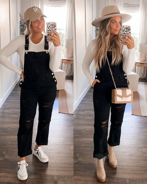 Black Overalls Outfit Fall, Overalls Winter Outfit, Long Overalls Outfit, Overalls Outfit Spring, Womens Overalls Outfits, Overalls Outfit Fall, Overalls Outfit Winter, Black Overalls Outfit, Everyday Outfits Fall