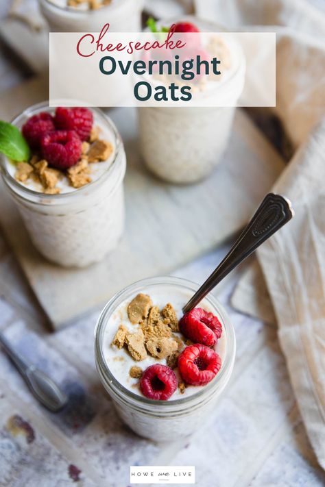 High Protein Cheesecake Overnight Oats Overnight Oats Recipe Cheesecake, Overnight Oats With Cheesecake Pudding, Cheesecake Overnight Oats Healthy, Overnight Oats Blueberry Cheesecake, Overnight Strawberry Cheesecake Oats, Cheesecake Overnight Oats, High Protein Cheesecake, Easy And Healthy Breakfast, Night Oats