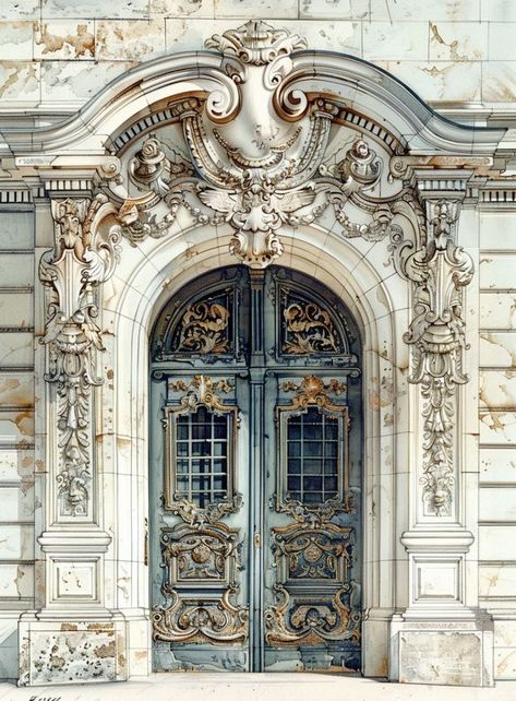 Rocco Architecture, Renovated Chateau, Primrose School, Greek Doors, Rococo Architecture, Rococo Aesthetic, Castle Doors, Large Door, Rock Textures