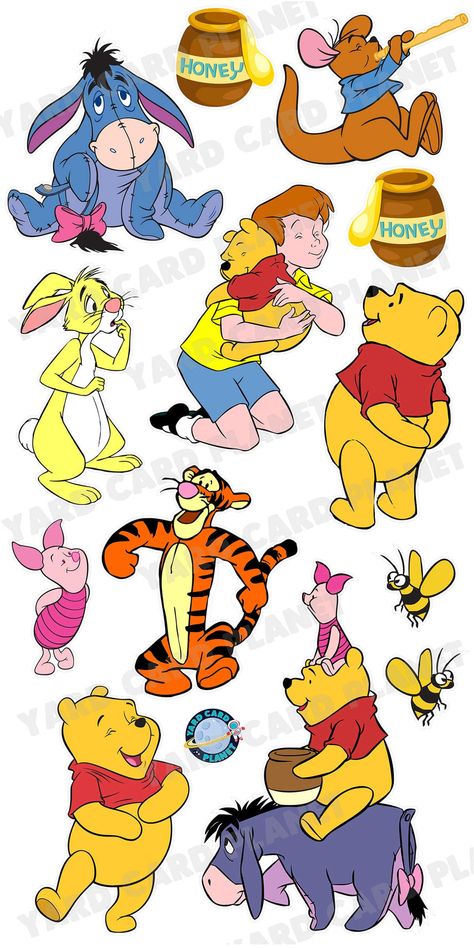 Winnie-the-Pooh is a good-natured, yellow-furred, honey-loving bear who lives in the Forest surrounding the Hundred Acre Wood. Celebrate your next kids yard card display with him and his friends with our adorable Winnie The Pooh Inspired Yard Card Flair Set. This set makes a great addition to any lawn sign display and can easily be customized by adding a name, a greeting and other fun flair pieces as part of the yard card setup. You will receive 13 lawn signs, professionally printed, precis Winnie The Pooh Drawing, Winnie The Pooh Cartoon, Kids Yard, Disney Alphabet, Winnie The Pooh And Friends, Winnie The Pooh Pictures, Pop Art Images, Pooh And Friends, Bear Character