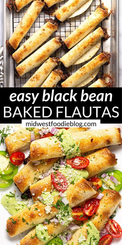 Black Bean Flautas, Bean Flautas, Baked Flautas, Wisconsin Beer Cheese Soup, Tuesday Dinner, Roasted Tomato Salsa, Creamy Avocado Sauce, Beer Cheese Soups, Weeknight Dinner Recipe