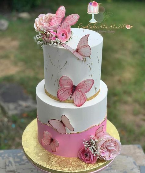 Two Tier Butterfly Cake, Brthdy Cake, 2 Tier Butterfly Cake, Butterfly Baby Shower Cake, Butterfly Theme Cake, Cake Designs For Boy, Tiered Cakes Birthday, Butterfly Birthday Cakes, Pink Sweets