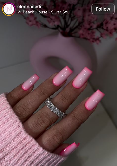 Nail Ideas Pink And Purple, Cute Pink Nails Design Classy, Nail Ideas Orange And Pink, Pink Lilac Nails, Pink Ombre Short Nails, Pink French Tips With Design, Fun Nails 2024, Medium Gel X Nails, Medium Pink French Tip Nails