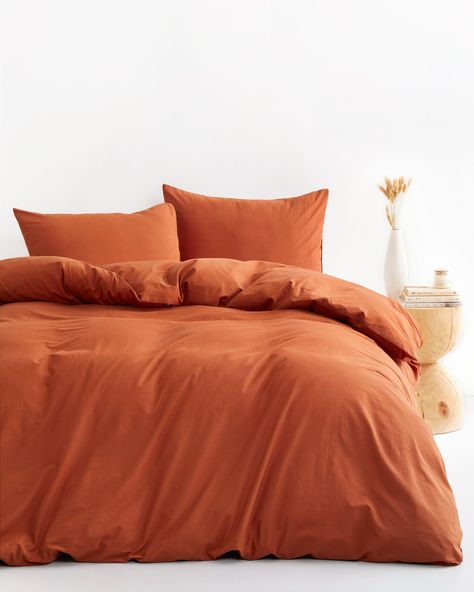 100% Washed Cotton Set includes: 1 duvet cover and 2 pillowcases Zipper closure, easy to insert and remove the duvet insert 4 corner ties to keep your duvet insert in place Rust Bedspread Bedroom, Rust Comforter Bedroom, Orange Comforter Bedroom, Grey And Rust Bedroom Ideas, Orange Themed Room, Orange Bed Spread, Orange Themed Bedroom, Rust Orange Bedroom, Rust Colored Bedroom