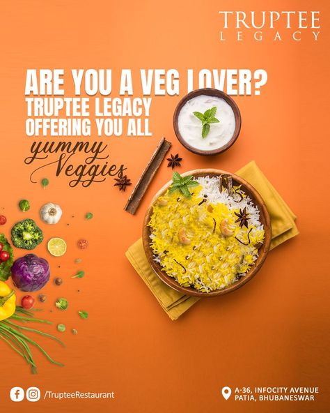 Restaurant Creative Ads, Veg Pulao, Veg Restaurant, Veg Biryani, Creative Advertising Design, Ads Design, Food Poster Design, Food Ads, Instagram Food