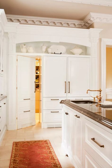 25 Clever Ways to Make Your Pantry Door a Feature of Your Kitchen Hidden Pantry Behind Cabinet Doors, Pantry Door That Looks Like A Cabinet, Pantry Door In Kitchen, Pantry Entry Ideas, Hidden Pantry Door Farmhouse, Hidden Pantry Door In Kitchen, Hidden Pantry Floor Plan Door, Door In Kitchen, Carved Wood Pantry Door