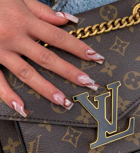 Brown Nails With Butterflies, Summer Brown, White French Tip, Acrylic Gel, Mocha Brown, Ballerina Nails, Butterfly Nail, Brown Nails, Latte Art