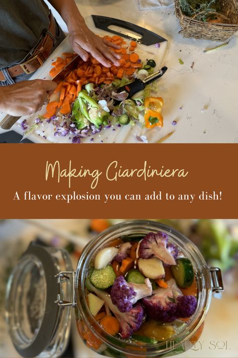 Giardiniera (jar-din-air-uh) is a delicious Italian pickled vegetable mix, often used as a condiment for sandwiches, salads, or antipasto. Our recipe is a mild giardiniera, which features flavorful veggies without the intense heat found in spicier versions. #giardiniera #italiandish #homemadegiardiniera #pickledsidedish #vegetables #veggie Giardiniera Recipe Dishes, Canning Giardiniera Recipe, Chicago Style Giardiniera Recipe, Homemade Giardiniera Recipe, Giardiniera Recipe, Food Sides, Italian Vegetables, Pickled Vegetables, Pickling Cucumbers