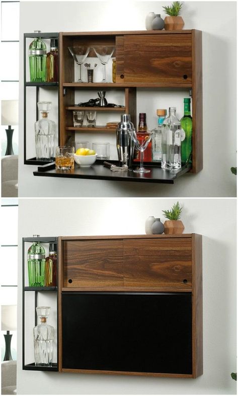 Fold Down Bar, Wall Bar Ideas, Wall Bar Cabinet, Alcohol Cabinet, Floating Side Table, Community Ideas, Wall Mounted Bar, Home Nails, Kitchen Storage Space