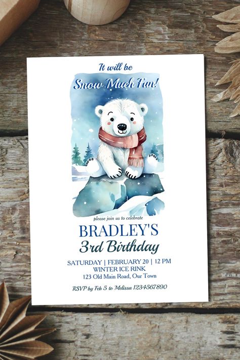 Polar bear winter birthday party editable template invitation digital download cute cub on ice rock Polar Bear Birthday, Birthday Party Template, Winter Birthday Party, Ice Rock, Winter Onederland Birthday Party, Winter Onederland Party, Onederland Birthday Party, Winter Birthday Parties, Winter Onederland Birthday