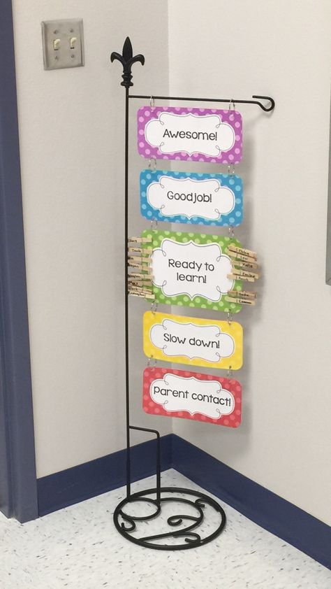 Behavior Management. I used a free standing flag stand to hang my behavior chart. I connected each color with rings. Hanging Charts In Classroom, Kindergarten Behavior Chart, Behaviour Chart Classroom, Kindergarten Behavior Charts, Behaviour Display, Kindergarten Behavior, Parent Contact, Classroom Behavior Management, Daycare Activities