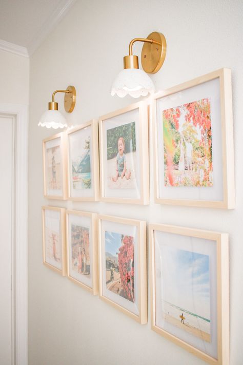 DIY Wireless Clay Wall Sconce Light For $25 - mikyla Apartment Sconces, Photo Wall Lighting Ideas, Wall Sconces Gallery Wall, Gallery Wall With Lights Above, Gallery Wall Sconces, Photo Wall With Sconces, Sconces Gallery Wall, Scones Light Wall Sconces, Photo Wall With Lights