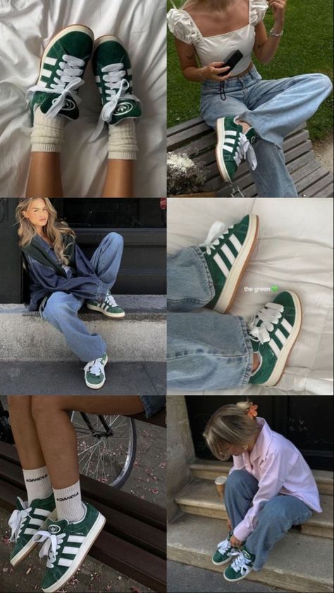 Green Campus Adidas Outfit, Adidas 00s Outfit, Adidas Campuses Outfit, Green Adidas Outfits, Adidas Campus 00s Outfit Sommer, Outfit Ideas Campus 00, Green Shoes Outfit Sneakers, Outfits With Green Sneakers, Green Adidas Campus 00s Outfit