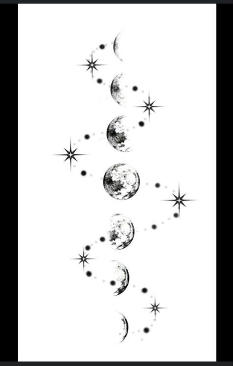 7 Moon Phases Tattoo, Moon Phases Spine Tattoos For Women, Moon Phases Tattoo Designs Spine, Moon Phases Spine Tattoo, Moon Spine Tattoo, Moon Phases Tattoo Designs, Tattoos Galaxy, Spin Tattoo, Phases Of The Moon Tattoo