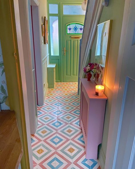 Cement Tile Shop - Another great look at this custom version of our Oxford pattern by @thehousethatcolourbuilt. Their house in the UK is full of inspiring color. We can help you customize any tile pattern that we offer. Give us a call or use our online tile customizer. Colorful Hallway, Dark And Gloomy, Cement Tile Shop, 1930s House, House Color Palettes, Pastel House, Pastel Room, Encaustic Cement Tile, Apartment Plans