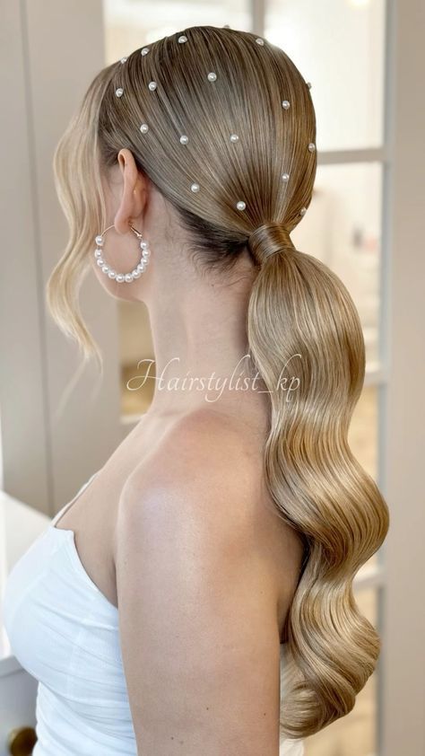 Pearl Hair Ponytail, Wedding Ponytail With Pearls, Ponytail Hairstyles With Pearls, Hair Pearls Hairstyles, Prom Hairstyles With Pearls, Hair Styles With Pearls, Ponytail With Pearls, Bridal Hairstyles Ponytail, Wedding Hair With Pearls