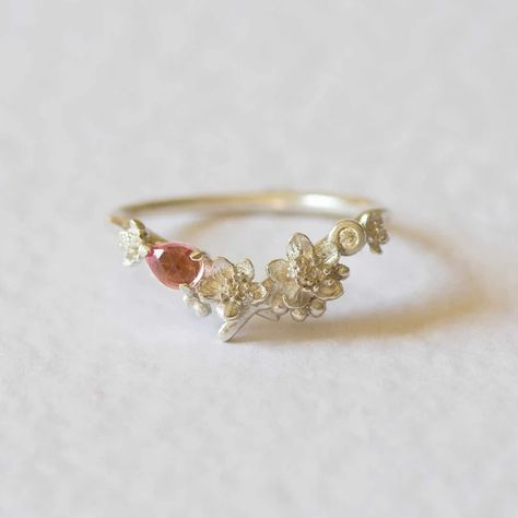 Cherry Blossom Diamond and Pink Tourmaline Ring Cherry | Etsy Sakura Ring, Cherry Blossom Ring, Alternative Wedding Rings, Rose Gold Plated Ring, Pretty Jewelry Necklaces, Cute Engagement Rings, Pink Tourmaline Ring, Ring Flower, Zierlicher Ring