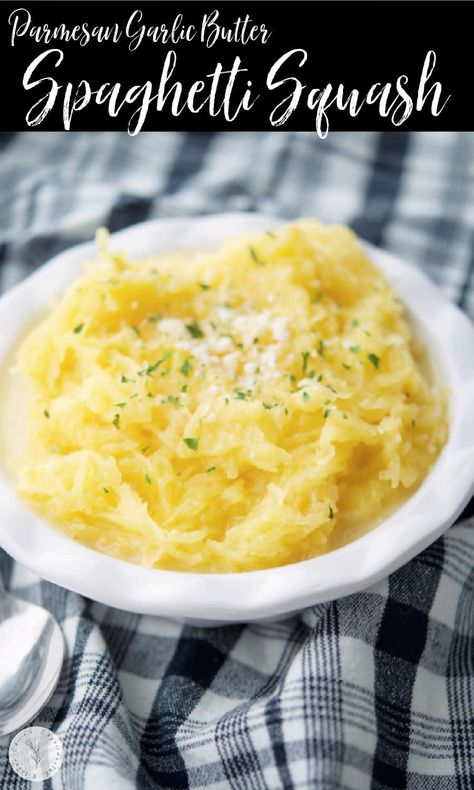 This Parmesan Garlic Butter Spaghetti Squash is super tasty, healthy and makes a delicious quick side dish. #vegetable #spaghettisquash #squash Buttered Spaghetti, Garlicky Spaghetti, Garlic Butter Spaghetti, Garlic Parmesan Spaghetti, Instant Pot Spaghetti Squash, Garlic Parmesan Spaghetti Squash, Butter Spaghetti, Pesto Spaghetti Squash, Parmesan Spaghetti Squash