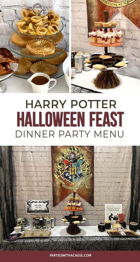 Harry Potter Potluck, Harry Potter Halloween Dinner Party, Harry Potter Themed Recipes, Harry Potter Dishes Recipes, Magical Dinner Party, Harry Potter Birthday Dinner Ideas, Harry Potter Themed Appetizers, Harry Potter Feast Food, Harry Potter Themed Dinner Party