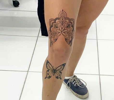 Under Knee Tattoos Women, Tattoo Pierna Mujer, Under Knee Tattoo, 108 Tattoo, Geometric Tattoo Leg, Knee Tattoos, Mystical Tattoos, Girl Arm Tattoos, Boho Tattoos